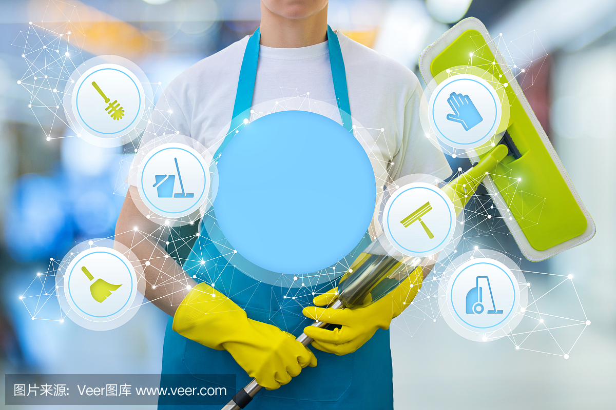 帶有清潔服務圖標的清潔工。